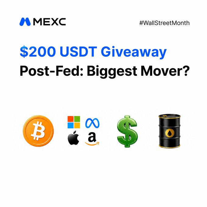 A MEXC promotional graphic for a "$200 USDT Giveaway" featuring the hashtag "#WallStreetMonth" and the headline "Post-Fed: Biggest Mover?" with icons representing Bitcoin (₿), Mega Cap tech stocks (Microsoft, Meta, Apple, Amazon), the US Dollar ($), and an oil barrel, inviting users to comment their market prediction.