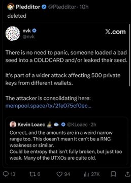A screenshot of a tweet thread from @Pledditor and @mvk discussing a wider attack on COLDCARD and private keys, with @KLoaec commenting on a weird narrow range too and entropy issues.