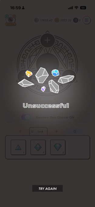 A mobile game screen showing "Unsuccessful" result with various gem icons and a "TRY AGAIN" button.