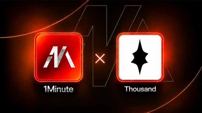 A promotional graphic showing the red '1Minute' app icon multiplied with a white icon labeled 'Thousand' featuring a four-pointed star design, set against a dark background with orange accents.