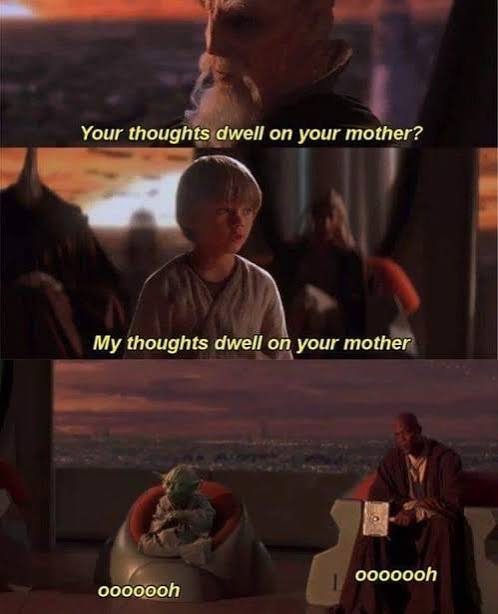 A meme showing a young Anakin Skywalker telling Qui-Gon Jinn "My thoughts dwell on your mother" while Qui-Gon says "ooooooh," humorously relating to the "GM" post as a playful, flirty-morning greeting between crypto traders watching the charts together.