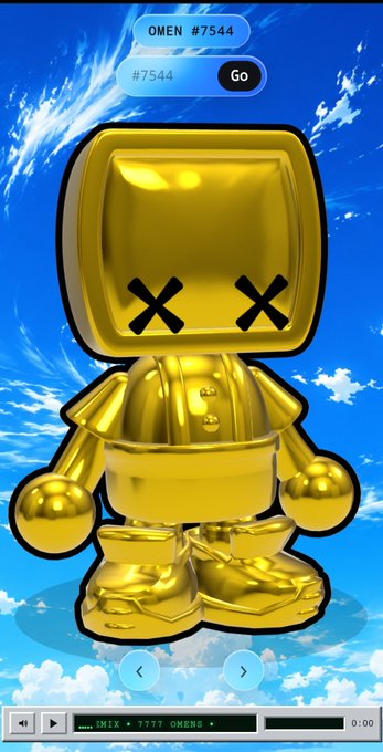 A screenshot from a mobile game showing a golden toy-like character with 'X' eyes and a TV-shaped head, labeled 'OMEN #7544' against a blue sky background.