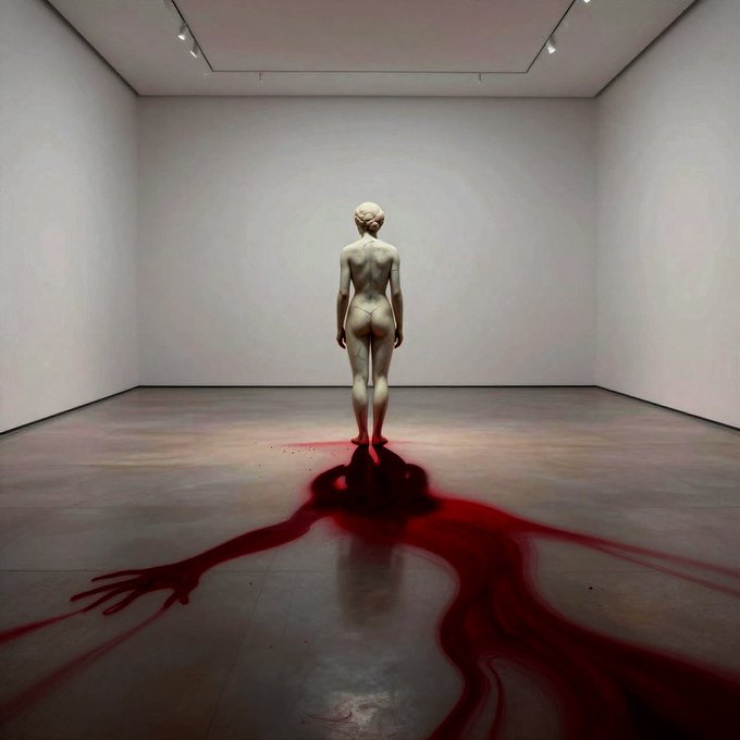 A nude white sculpture of a female figure stands centered in a minimalist gallery space, with vivid crimson liquid pooling and streaming across the polished floor from her feet — visualizing the "EphemeraCrimson" theme of the NFT artwork "PERIOD" by EphemeraCrimson, currently up for auction with a starting bid of 5 $XTZ.