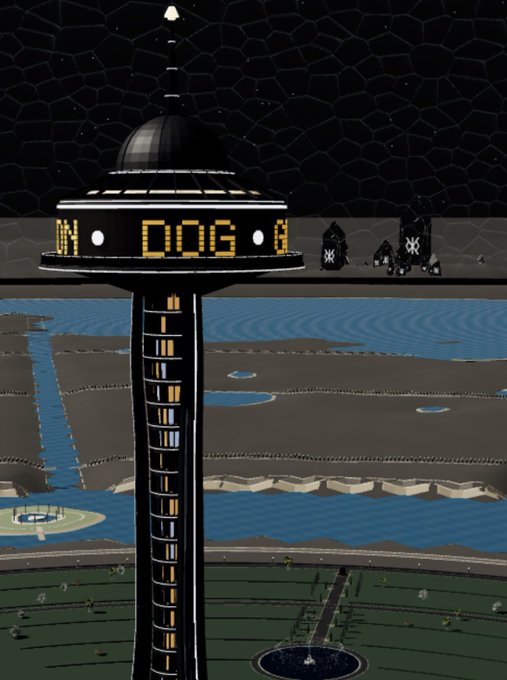 A digital illustration of a black tower with a digital sign reading 'IN DOG' set against a landscape with rivers, fields, and a hexagonal sky pattern.