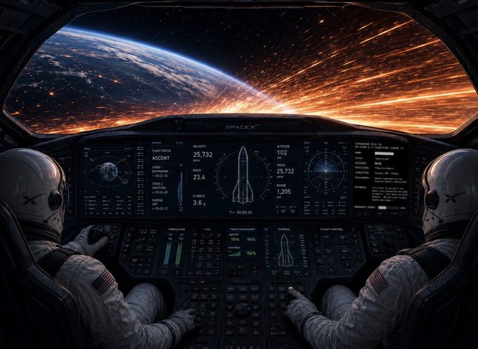 Two astronauts in white spacesuits with American flag patches sit at the controls of a SpaceX spacecraft cockpit, looking out at Earth and streaks of orange light through the window, with multiple digital readouts and telemetry on the dashboard.