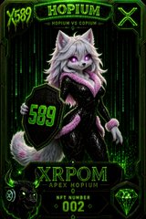 A crypto coin listing titled 'X509 HOPILM' featuring an anthropomorphic white wolf mascot in a purple suit, with the ticker 'XRPOM' and net number 002.