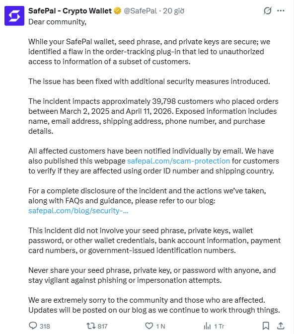 A tweet from 'SafePal - Crypto Wallet @SafePal' (20 days ago) addressing the community about a security flaw in their order-tracking plug-in that affected approximately 39,798 customers' personal information between March 2, 2025 and April 11, 2026.