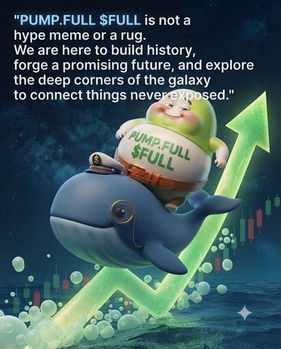 A cryptocurrency meme promotional image featuring a cartoon figure wearing a 'PUMP.FULL $FULL' shirt riding a whale upward along a green arrow, with the text: "PUMP.FULL $FULL is not a hype meme or a rug. We are here to build history, forge a promising future, and explore the deep corners of the galaxy to connect things never exposed."