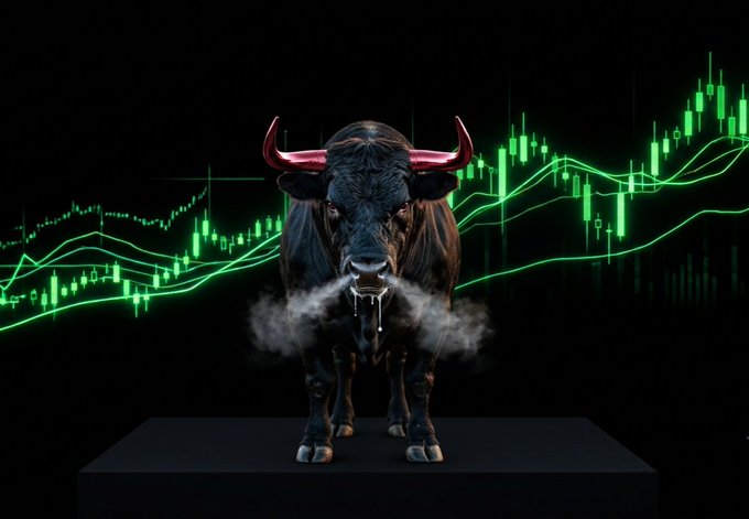 A dramatic image of a black bull with glowing red horns and nose ring standing on a pedestal, with green stock market candlestick charts and upward trending graphs in the background, symbolizing bullish market momentum.