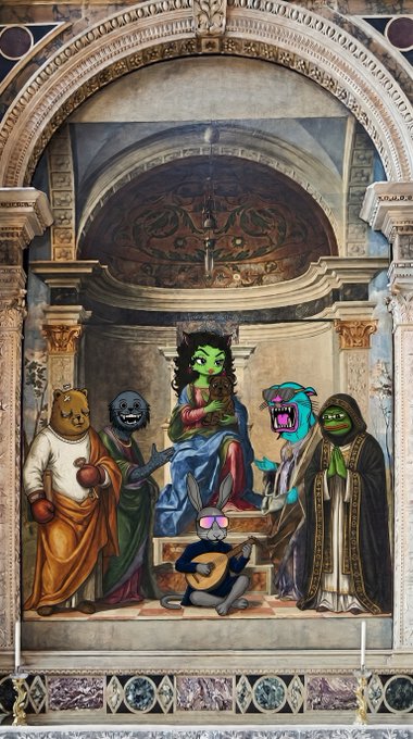 A Renaissance-style religious altarpiece has been humorously edited to replace the saints with XRP crypto mascots—including a green Pepe-style frog Madonna, a bear saint, and a hooded monk—blending classical religious art with meme culture to promote the XRP ledger community.