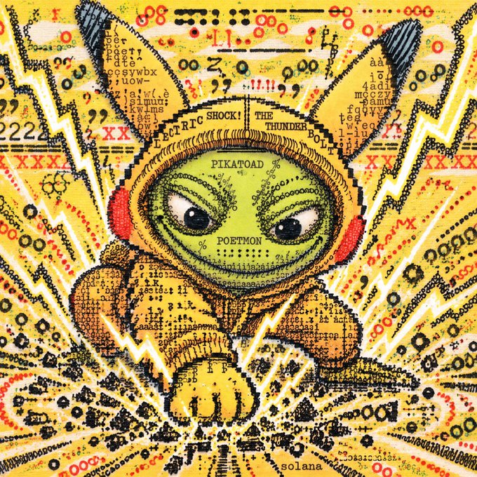 A vibrant digital illustration features a Pikachu character wearing headphones, with a face labeled "POETMON" and "PIKATOAD," set against a yellow background filled with numbers, letters, and patterns, including text "ELECTRIC SHOCK! THE THUNDER" and "solana" at the bottom.