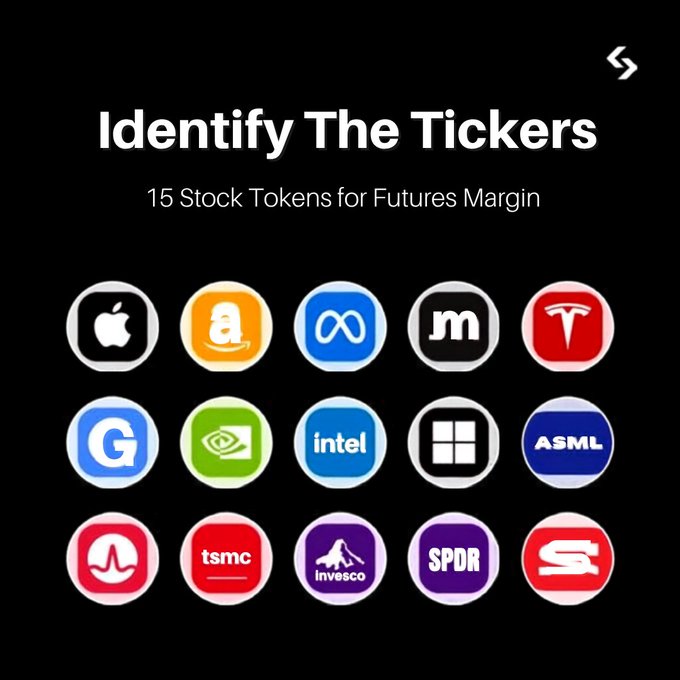 The image displays a promotional graphic titled "Identify The Tickers - 15 Stock Tokens for Futures Margin," featuring recognizable logos including Apple, Amazon, Meta, Tesla, Google, Nvidia, Intel, Microsoft, ASML, MicroStrategy (MSTR logo), TSMC, Invesco, SPDR, and possibly others, representing the stock tokens that participants in the challenge were tasked with identifying correctly.