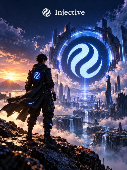 Anime-style digital art of a cloaked figure gazing at a glowing Injective logo hovering over a futuristic floating city at sunset.
