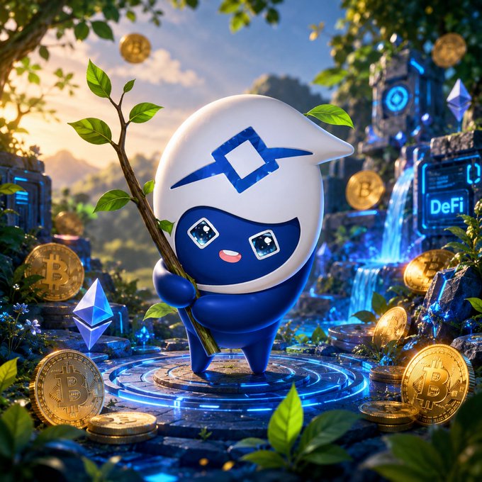 The image features a blue cartoon character with a white hat holding a stick, surrounded by various coins scattered around them. The character appears to be growing and thriving amidst the chaos of the coins. The background includes trees and other elements that contribute to the overall atmosphere of the scene. The caption for this image reads "Watching Dlicom grow, one community member at a time. In a space full of noise, organic growth stands out."