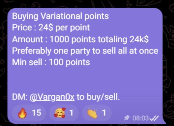A purple Telegram message advertising 'Buying Variational points' at 24$ per point, 1000 points total 24k$, min sell 100 points, with 15 fire and other emoji reactions, instructing to DM @Vargan0x.