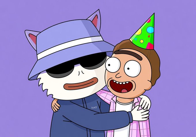 A cartoon illustration in the style of Rick and Morty showing a white cat character wearing a purple bucket hat and sunglasses hugging a surprised human character wearing a colorful party hat, signed "BUKO" on a purple background.