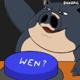 The image features a cartoon pig with a blue button that says "WEN?" above him, which appears to be a meme machine or a button for interacting with content. The caption below the image reads "$nikepig has the best meme machine in crypto. Its a really great way for a meme to stay relevant in the Cardano community. It also has very few sellers. If nobody is selling than why aren’t y’all smashing the buy button? @NikePig_ADA". The image and caption are related, as they both discuss the "WEN?" button and its purpose within a meme machine or content creator's platform.