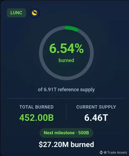 A dashboard display tracking LUNC (Terra Luna Classic) token burns, showing 6.54% burned of the 6.91T reference supply, with 452.00B total burned and $27.20M in value, attributed to Trade Assets.