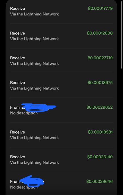 A mobile app transaction history showing multiple Lightning Network Bitcoin receives (₿0.0001-0.0002 range) with some sender names redacted in blue, displaying various BTC amounts.