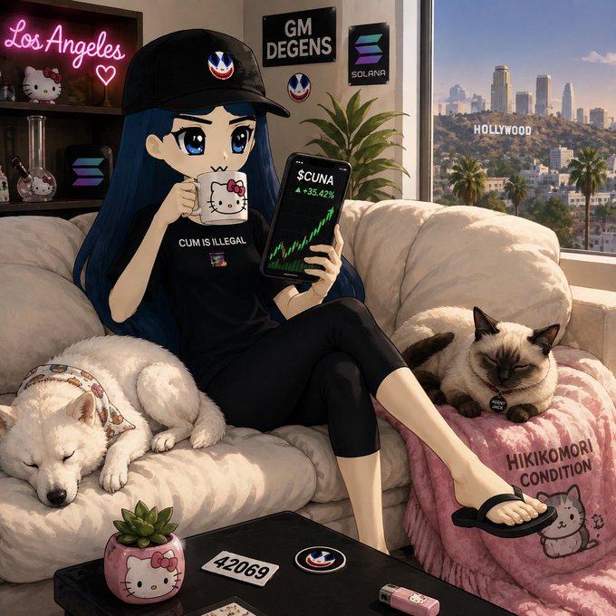 An anime-style illustration of a blue-haired character wearing a black cap and 'CUM IS ILLEGAL' shirt, sitting on a couch with pets while holding a phone displaying '$CUNA +35.42%', set against a Los Angeles/Hollywood backdrop with Solana and GM Degens decor.