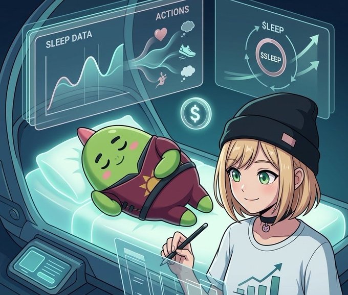 An anime-style illustration showing a girl in a beanie looking at a sleeping green creature in a bed, with holographic displays labeled 'SLEEP DATA', 'ACTIONS', and '$SLEEP' floating above.