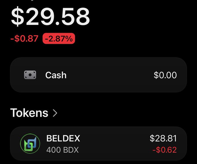 Dark-themed wallet or portfolio screen showing a total value of $29.58, down $0.87 (-2.87%), with Cash at $0.00 and a token holding labeled “BELDEX” worth $28.81 for 400 BDX, down $0.62.