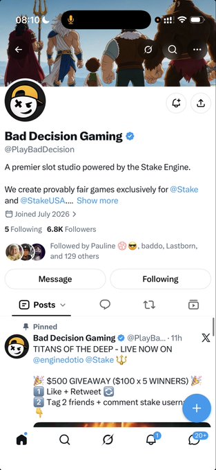 X (Twitter) profile page for 'Bad Decision Gaming' (@PlayBadDecision), described as 'A premier slot studio powered by the Stake Engine', featuring a '$500 TITANS OF THE DEEP' promotional post with a $100 x 5 winners giveaway.