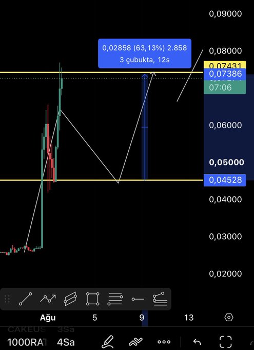 A cryptocurrency chart displays a candlestick pattern showing a price move from 0.04528 to 0.07386, with a blue callout box highlighting a potential target at 0.02858 (63.13%) within 3 candles (12s), illustrating the volatile, rapid price action referenced in the "Rat Coin" example.