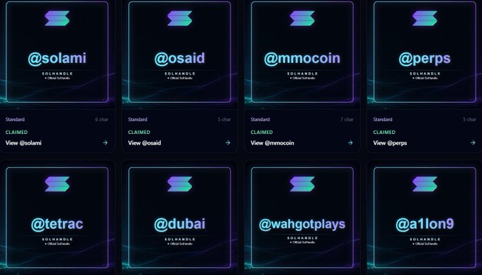 A Solhandle profile page showing claimed handles including @solami, @osaid, @mmocoin, @perps, @tetrac, @dubai, @wahgotplays, and @a1lon9.