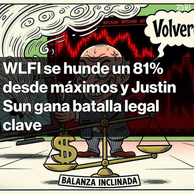 A cartoon image showing a stressed character at a computer with red downward charts, Spanish text reading 'WLFI se hunde un 81% desde máximos y Justin Sun gana batalla legal clave', and a tilted balance scale labeled 'BALANZA INCLINADA' with a dollar sign.
