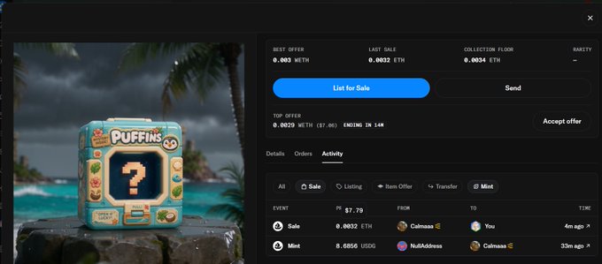 A digital NFT marketplace interface displays a 'Puffins' collectible box with a question mark, showing a best offer of 0.003 WETH and activity including a Sale for 0.0032 ETH and a Mint for 0.6568 USDG.