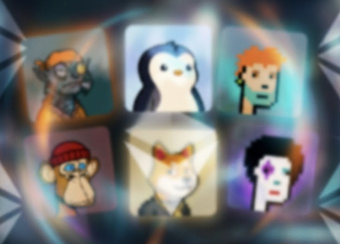 A blurry collage of six NFT profile pictures (PFPs) featuring various stylized characters including a penguin, monkeys, and pixel art figures, set against a prismatic background. The image visually represents the diverse collection of NFT projects the author is reviewing to identify undervalued communities with active builders.