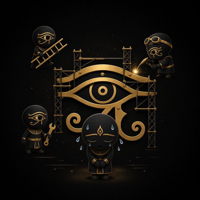 A stylized black-and-gold Egyptian-themed scene shows four hooded figures constructing and repairing a large Eye of Horus symbol using scaffolding, ladders, tools, and welding. The imagery evokes “building,” preparation, and maintenance, aligning with the announcement that the $PTAH token contract is going live within 12 hours while audits and testing of the platform NFT contracts continue.
