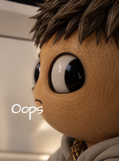A 3D-rendered character with large, glossy eyes and spiky brown hair looking sideways, with the word 'Oops' written in white text.