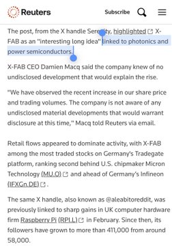 The screen displays a screenshot of an article from The Reuters newspaper about X-fab CEO Danmac MacLaughlin, which discusses the company's plans to invest in photonics technology for semiconductor applications. It also talks about other power semiconductor companies that might be interested in this research.