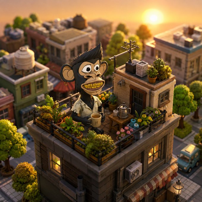 A 3D-rendered cartoon scene of a monkey character with gold teeth sitting on a rooftop terrace holding a coffee mug, surrounded by plants and overlooking a small city at sunset.