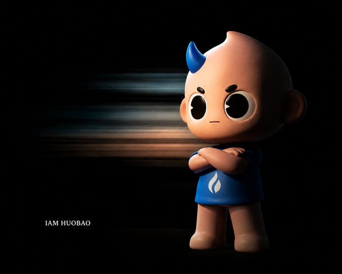 A 3D rendered cartoon character with a blue flame-like horn, wearing a blue shirt with a flame logo, standing with arms crossed against a dark background with the text 'IAM HUOBAO'.