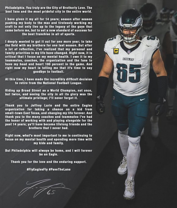 A retirement announcement graphic featuring Philadelphia Eagles player Lane Johnson (#65) in uniform alongside a heartfelt letter explaining his decision to retire from the NFL after 14 years, citing mental health and family priorities.