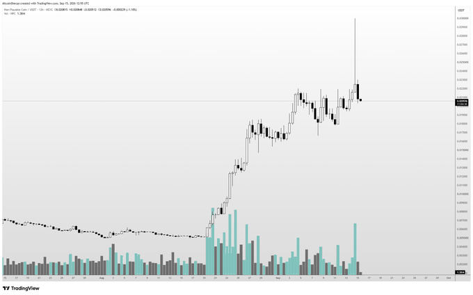 A TradingView daily candlestick chart for "AscendiaCore created with TradingView.com" (ticker NPC) dated Sep 19, 2025, showing a strong uptrend from around $0.04 in early September to a peak near $0.31, followed by recent consolidation around the $0.20-$0.24 level, with elevated volume bars (teal) accompanying the breakout—supporting the post's view that $NPC is one of the better-looking charts currently consolidating after its rally.