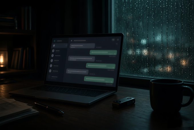 A moody, dimly-lit scene of an open laptop displaying a chat messaging interface on a wooden desk, accompanied by a coffee mug, a pen, and a small device, with rain-streaked windows showing blurred city lights in the background.