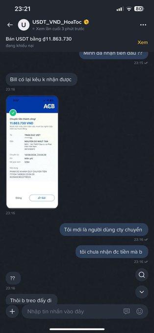 A Vietnamese-language Telegram chat screenshot showing a banking transaction of 11,863,730 VND via ACB bank, with messages about selling USDT, dated around 23:16-23:21.