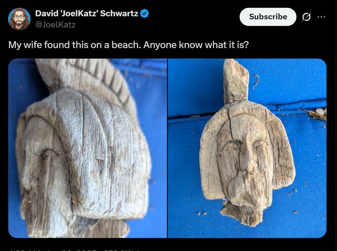 The image features a wooden sculpture of an animal head with a bird's head, both made from wood. The sculpture appears to be broken or damaged, as indicated by the words "sartan relic" and "spartan relic". The post is about David Schwartz, who has given two subtle nods to him in his message.