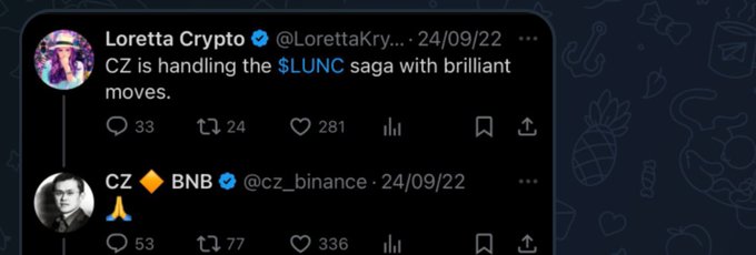 A screenshot of two tweets dated 24/09/22, showing CZ (@cz_binance) of BNB posting a single prayer-hands emoji in response to Loretta Crypto (@LorettaKry...) commenting "CZ is handling the $LUNC saga with brilliant moves." The image reflects the post's claim of having special insight into CZ's strategic "end game" for LUNC (Terra Luna Classic).