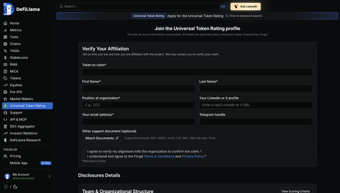 A screenshot of DefiLlama's "Join the Universal Token Rating profile" form, showing fields to verify affiliation such as Token to claim, First/Last Name, Position at organization, LinkedIn or X URL, Email, and Telegram handle, with options to upload support documents and agree to Forgot Terms & Conditions and Privacy Policy. The image directly supports the post by illustrating the live application form that protocols must complete to claim their token and submit disclosures on DefiLlama's new Universal Token Rating dashboard.