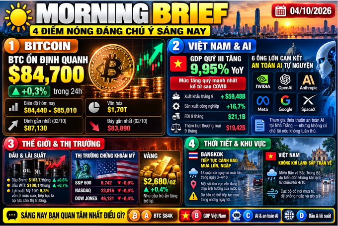 A 'Morning Brief' infographic dated 04/10/2026 highlighting four hot topics: Bitcoin at $84,700 (+0.3%), Vietnam GDP up 9.25% with mentions of Nvidia, OpenAI, and Anthropic, US market indices showing S&P 500 at 6,742, and weather updates for Bangkok and Vietnam.