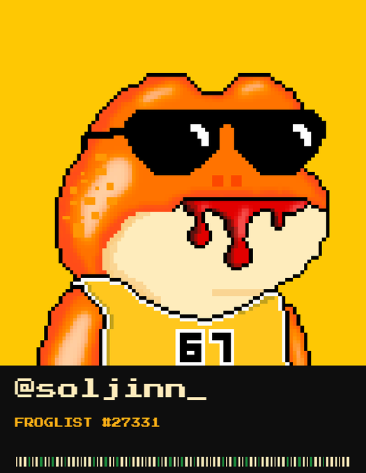 Pixel art of an orange frog character wearing black sunglasses and a '67' tank top with blood dripping from the frame, labeled '@soljinn_' and 'FROGLIST #27331'.