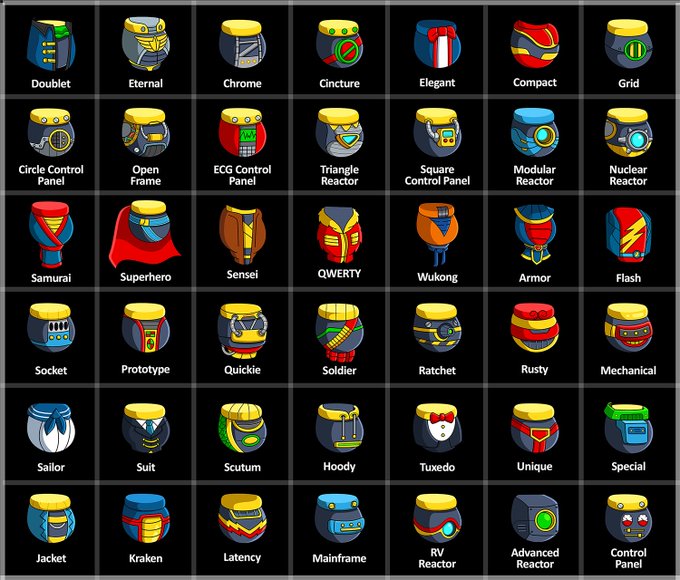 A grid chart displaying 42 different stylized reactor or core designs, each labeled with a name such as Doublet, Eternal, Chrome, Cincture, Elegant, Compact, Grid, Circle Control Panel, Open Frame, ECG Control Panel, Triangle Reactor, Square Control Panel, Modular Reactor, Nuclear Reactor, Samurai, Superhero, Sensei, QWERTY, Wukong, Armor, Flash, Socket, Prototype, Quickie, Soldier, Ratchet, Rusty, Mechanical, Sailor, Suit, Scutum, Hoody, Tuxedo, Unique, Special, Jacket, Kraken, Latency, Mainframe, RV Reactor, Advanced Reactor, and Control Panel.