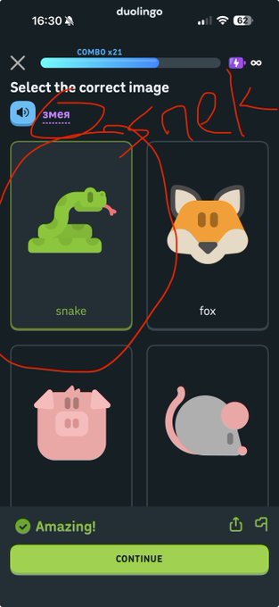 A screenshot of the Duolingo language learning app displays a "Select the correct image" exercise at 21x combo, with "snake" highlighted in green as the correct answer among four options (snake, fox, pig, mouse), and someone has circled the snake image with red ink and written "snek" at the top.