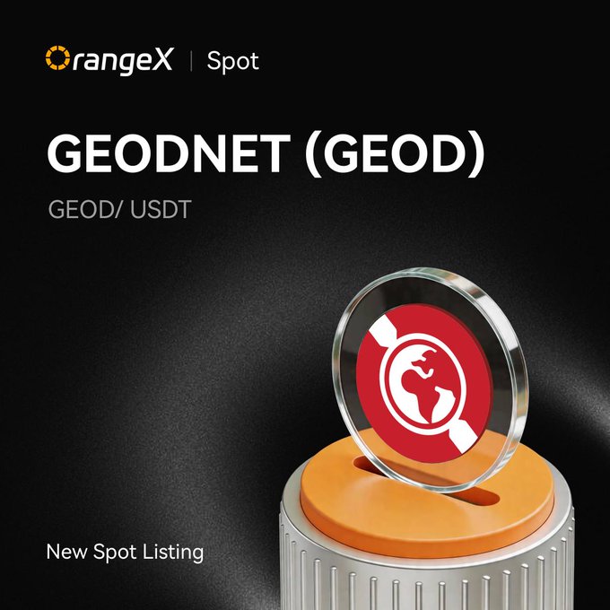 OrangeX announces a new spot listing for GEODNET (GEOD) against USDT, featuring the GEOD/USDT pair on its platform. The promotional image displays the OrangeX logo, ticker "GEOD/USDT," and a "New Spot Listing" tagline, aligning with the announcement that trading opens on 2026-07-27 at 10:30 UTC.