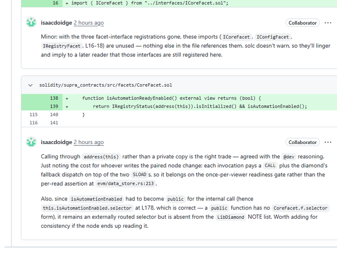 A screenshot of a GitHub code review by user 'isaacolidge' discussing changes to 'solidity/supra_contracts/src/facets/CoreFacet.sol', specifically noting unused imports and changes to the 'isAutomationReadyEnabled' function.